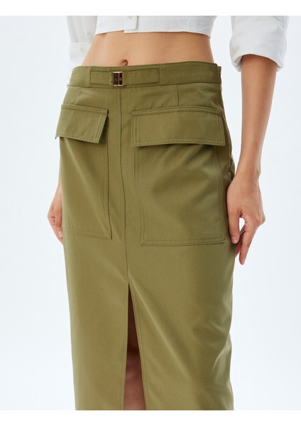 Midi Kalem Etek Yüksek Bel Kargo Cepli Önden Yırtmaç Detaylı Slim Fit