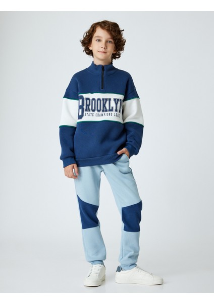 Sweatshirt Dik Yaka Yarım Fermuarlı Baskı Detaylı Uzun Kollu