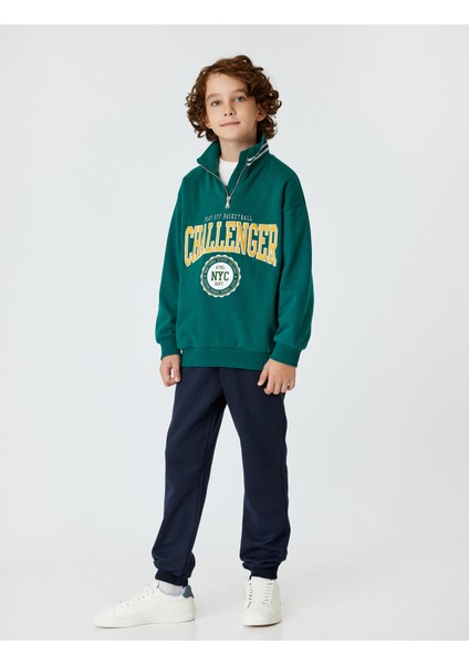 Sweatshirt Dik Yaka Yarım Fermuarlı Kolej Baskılı Pamuklu