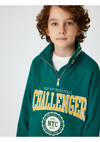 Sweatshirt Dik Yaka Yarım Fermuarlı Kolej Baskılı Pamuklu fiyatları