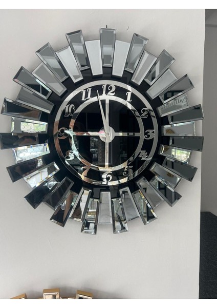 70 cm yuvarlak aynalı saat, gümüş renk, şık ve modern tasarım