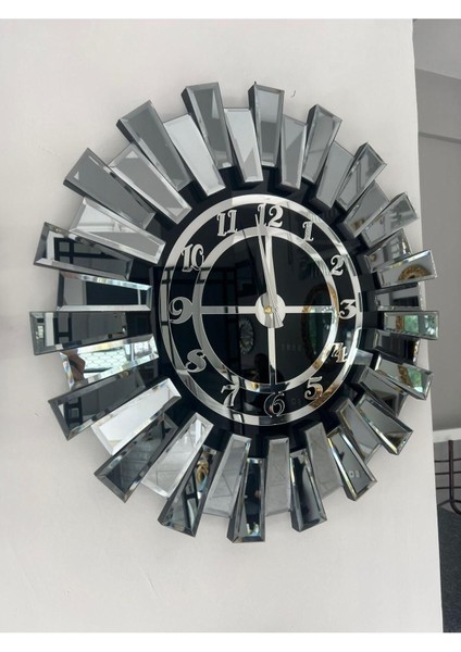 70 cm yuvarlak aynalı saat, gümüş renk, şık ve modern tasarım fiyatları