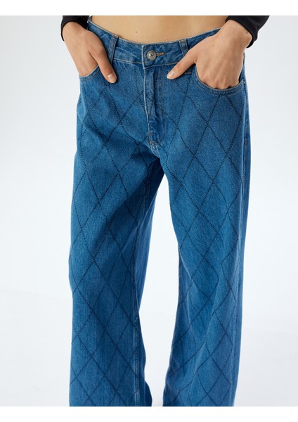 Geniş Paça Kot Pantolon Standart Bel Taşlı Düğmeli Cepli - Wide Leg Jean indirimleri