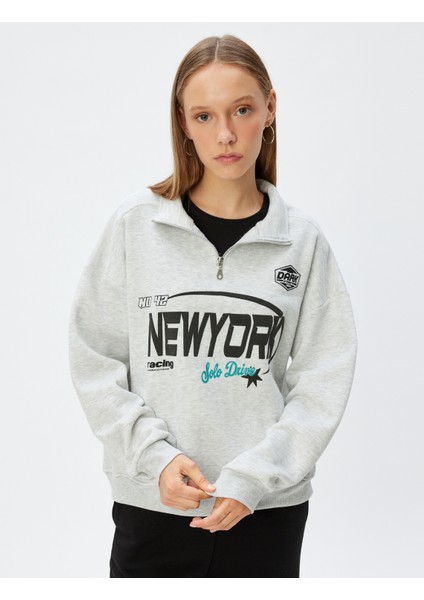 Yarım Fermuarlı Sweatshirt Baskılı Dik Yaka Cep Detaylı Şardonlu fiyatları