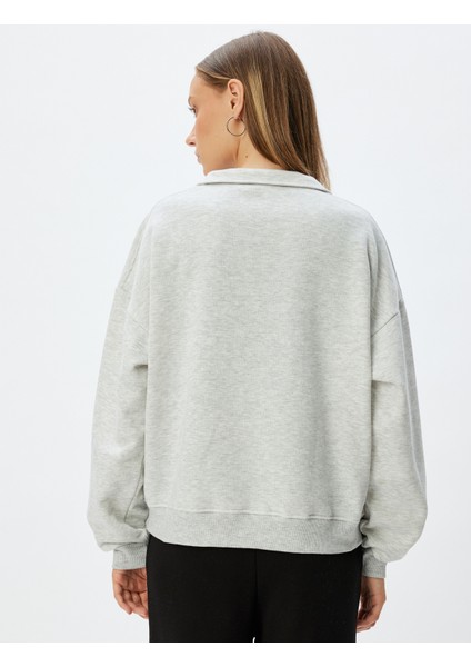 Yarım Fermuarlı Sweatshirt Baskılı Dik Yaka Cep Detaylı Şardonlu fırsatları
