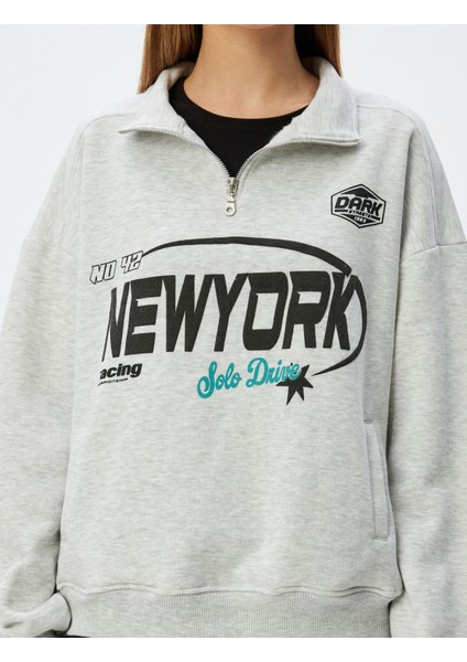 Yarım Fermuarlı Sweatshirt Baskılı Dik Yaka Cep Detaylı Şardonlu indirimleri