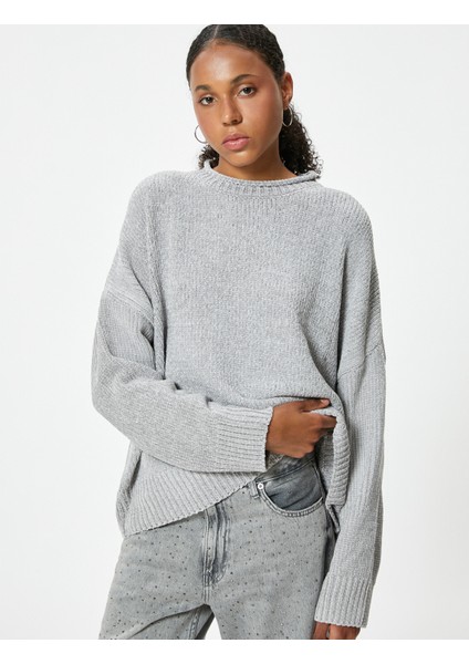 Basic Triko Kazak Bisiklet Yaka Uzun Kollu Düşük Omuzlu