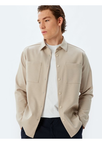 Uzun Kollu Gömlek Cep Detaylı Viskon Karışımlı Çıt Çıt Düğmeli