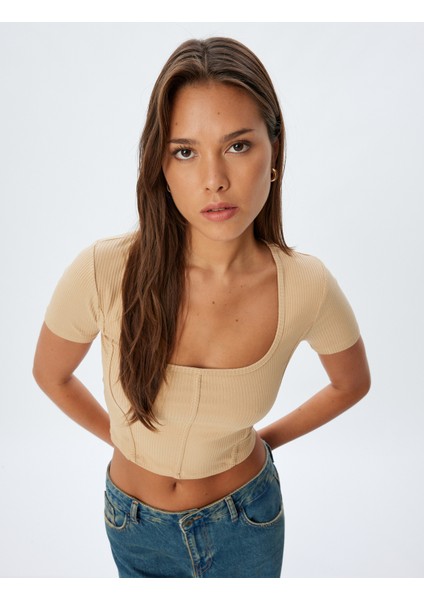 Crop Tişört Kısa Kollu U Yaka Kaşkorse Viskon Kumaş