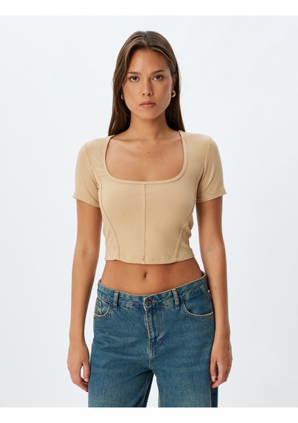 Crop Tişört Kısa Kollu U Yaka Kaşkorse Viskon Kumaş modelleri