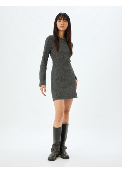 Mini Kaşkorse Elbise Sim Detaylı Bisiklet Yaka Uzun Kollu Slim Fit