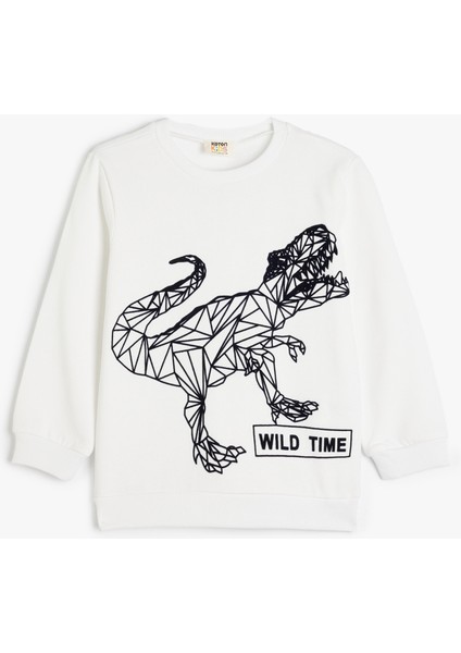 Dinozorlu Sweatshirt Şardonlu Uzun Kollu Bisiklet Yaka