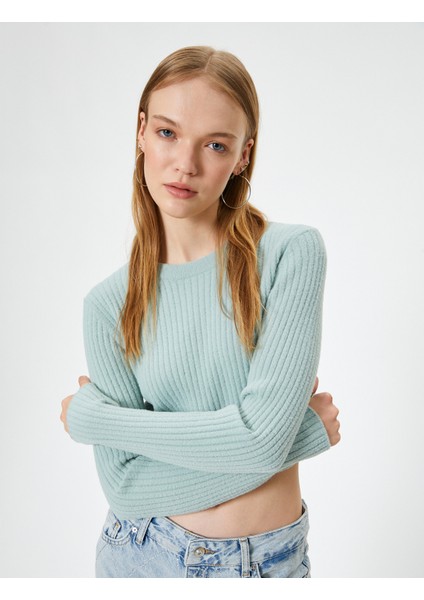 Crop Triko Kazak Bisiklet Yaka Slim Fit Uzun Kollu