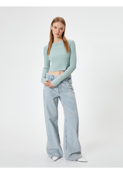 Crop Triko Kazak Bisiklet Yaka Slim Fit Uzun Kollu fiyatları