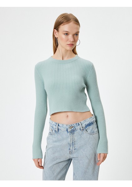 Crop Triko Kazak Bisiklet Yaka Slim Fit Uzun Kollu modelleri