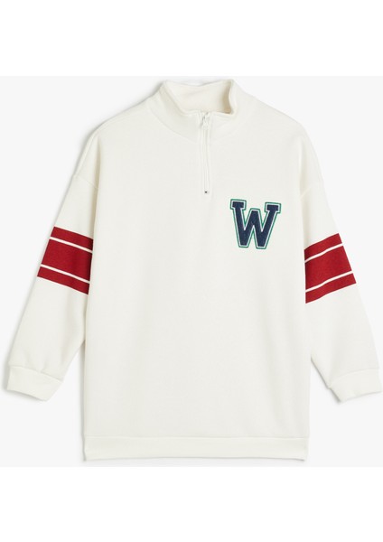Sweatshirt Baskı Detaylı Yarım Fermuarlı Dik Yaka Uzun Kollu Pamuklu