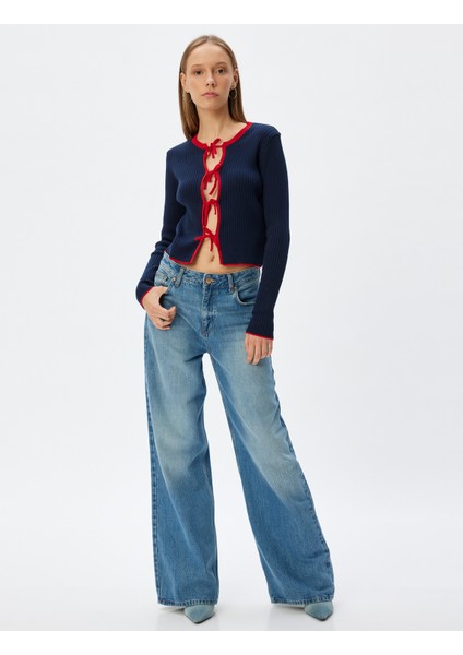 Triko Hırka Fiyonk Bağlama Detaylı Biyeli Uzun Kollu Bisiklet Yaka