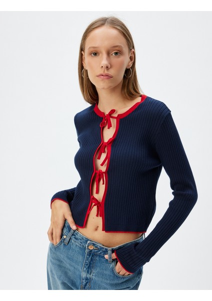 Triko Hırka Fiyonk Bağlama Detaylı Biyeli Uzun Kollu Bisiklet Yaka fiyatları