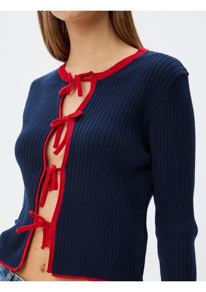 Triko Hırka Fiyonk Bağlama Detaylı Biyeli Uzun Kollu Bisiklet Yaka indirimleri