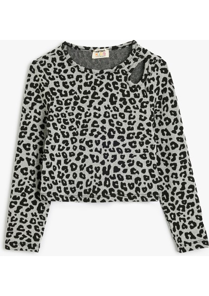 Bluz Leopar Desenli Uzun Kollu Pencere Detaylı Bisiklet Yaka