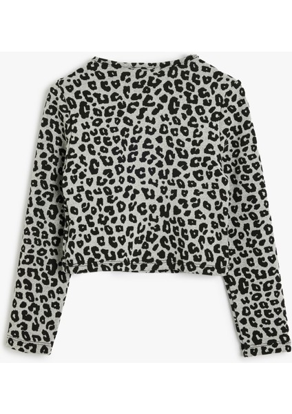 Bluz Leopar Desenli Uzun Kollu Pencere Detaylı Bisiklet Yaka