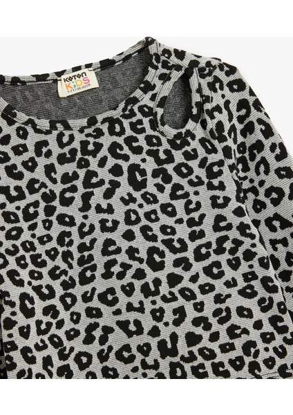 Bluz Leopar Desenli Uzun Kollu Pencere Detaylı Bisiklet Yaka