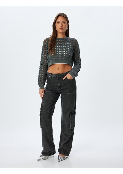 Crop Ajurlu Triko Kazak Uzun Kollu Yuvarlak Yaka fiyatları