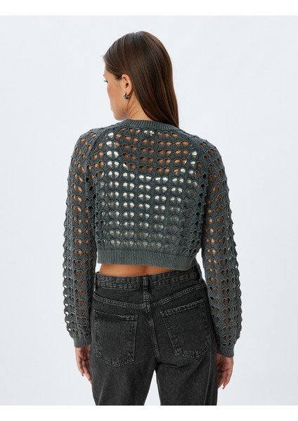 Crop Ajurlu Triko Kazak Uzun Kollu Yuvarlak Yaka fırsatları