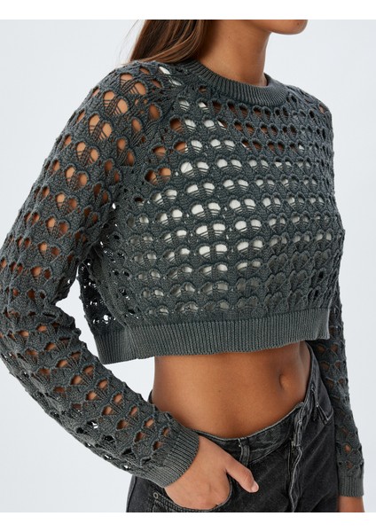 Crop Ajurlu Triko Kazak Uzun Kollu Yuvarlak Yaka indirimleri
