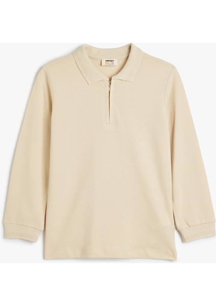 Polo Tişört Uzun Kollu Yarım Fermuarlı Şerit Detaylı Pamuklu