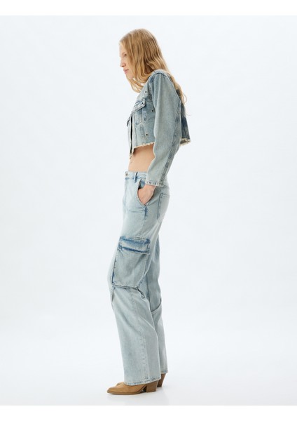 Kargo Cepli Kot Pantolon Normal Bel Düz Paça Düğmeli - Straight Fit Jean