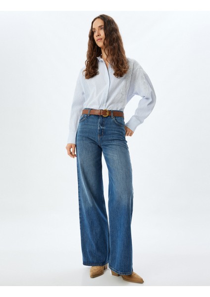 Floral Işleme Detaylı Gömlek Rahat Kalıp Uzun Kollu