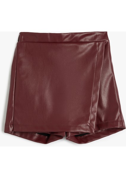 Şort Etek Deri Görünümlü Kruvaze Beli Lastikli