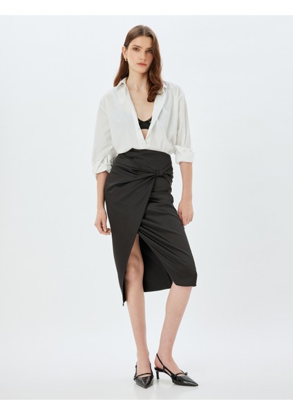 Saten Etek Midi Kruvaze Yırtmaç Detaylı Fiyonklu Slim Fit