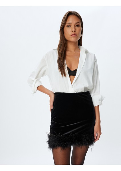 Abiye Etek Mini Kadife Tüy Detaylı Slim Fit fiyatları