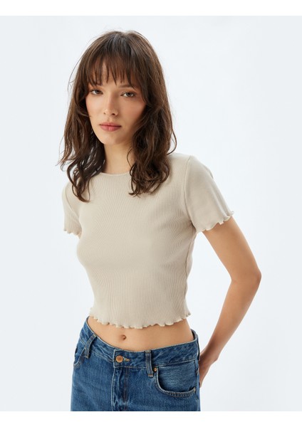 Crop Fitilli Tişört Kısa Kollu Bisiklet Yaka Pamuklu