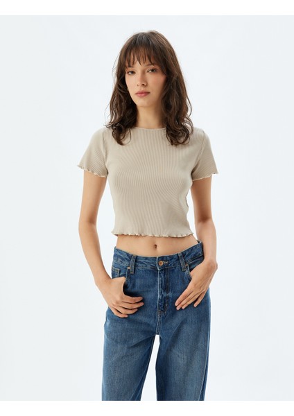 Crop Fitilli Tişört Kısa Kollu Bisiklet Yaka Pamuklu fiyatları