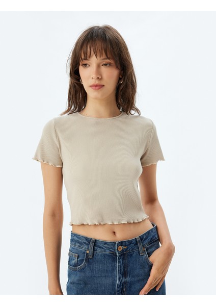 Crop Fitilli Tişört Kısa Kollu Bisiklet Yaka Pamuklu modelleri