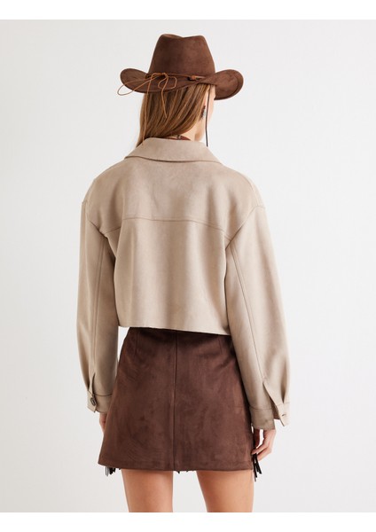 Suni Süet Ceket Crop Kapaklı Cep Detaylı Düğmeli Rahat Kalıp fırsatları