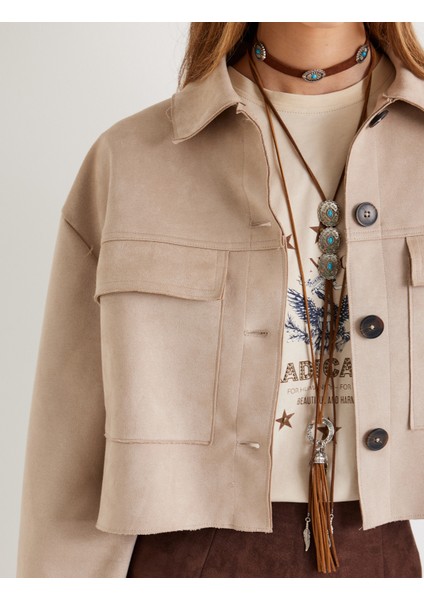 Suni Süet Ceket Crop Kapaklı Cep Detaylı Düğmeli Rahat Kalıp indirimleri