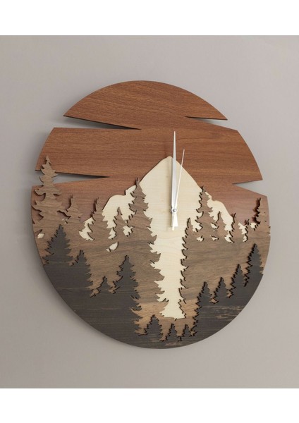 Dağ Desenli 4 Katmanlı Yuvarlak Saat, Doğa Temalı, Kahverengi, Sessiz Mekanizmalı