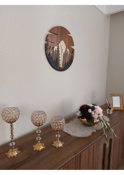 Dağ Desenli 4 Katmanlı Yuvarlak Saat, Doğa Temalı, Kahverengi, Sessiz Mekanizmalı modelleri