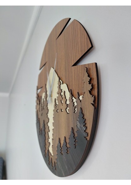 Dağ Desenli 4 Katmanlı Yuvarlak Saat, Doğa Temalı, Kahverengi, Sessiz Mekanizmalı fırsatları