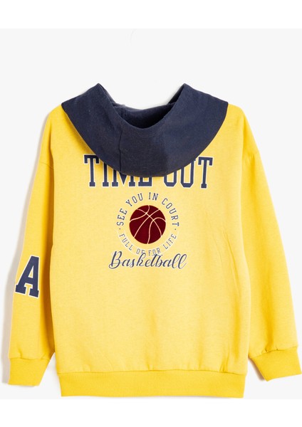 Kapşonlu Sweatshirt Baskı Detaylı Renk Bloklu Uzun Kollu fırsatları