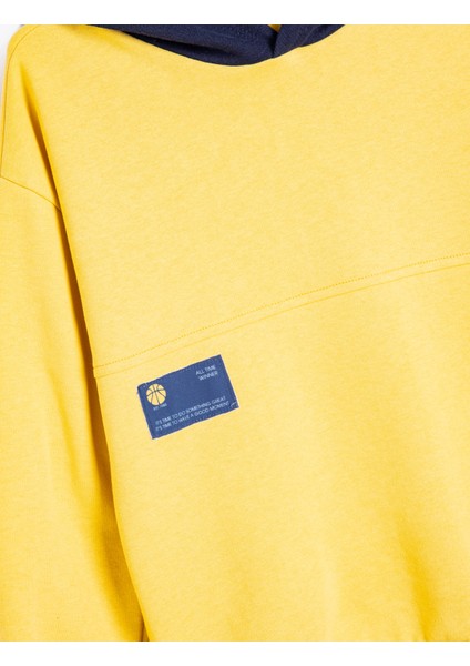 Kapşonlu Sweatshirt Baskı Detaylı Renk Bloklu Uzun Kollu indirimleri