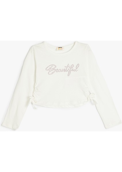 Crop Tişört Yanları Büzgülü Bağlamalı Uzun Kollu Bisiklet Yaka Pamuklu