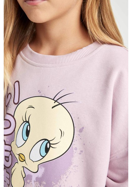 Kız Çocuk Looney Tunes Baskılı Oversize Geniş Kalıp Bisiklet Yaka Sweatshirt D2983A824AU
