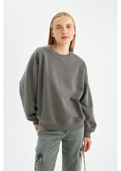 Coool Oversize Fit Bisiklet Yaka Kalın Kumaş Sweatshirt Gri