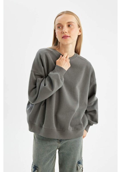 Coool Oversize Fit Bisiklet Yaka Kalın Kumaş Sweatshirt Gri