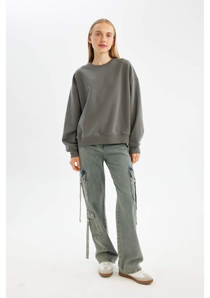 Coool Oversize Fit Bisiklet Yaka Kalın Kumaş Sweatshirt Gri fiyatları